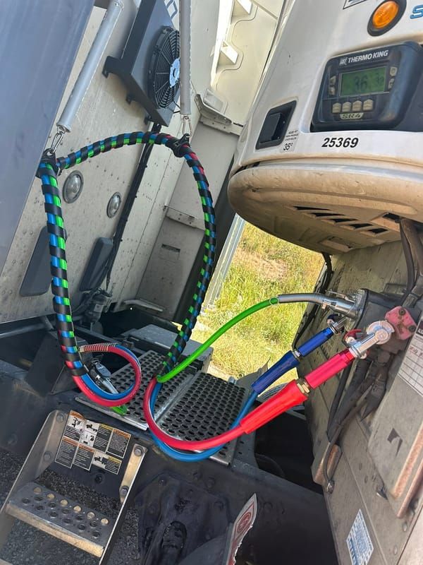 Red and blue air lines and a 7-way cord connected at the back of a tractor cab